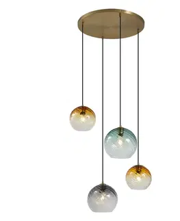 Závesná lampa bronzová s dymovým jantárovým a zeleným sklom okrúhla 4-svetlá - Bao