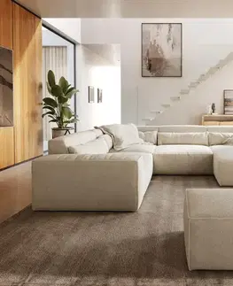DELIFE Pohovka v tvare "U" Sirpio 300x210 cm bouclé bielo-krémová ležadlo variabilné s taburetom