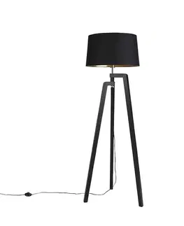 Trojnohá stojaca lampa s tienidlom z bavlny čierna so zlatom 50 cm - Puros