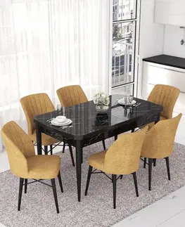 Extendable Dining Table & Chairs Set (7 Pieces) Nef - Black Marble, Cappuccino