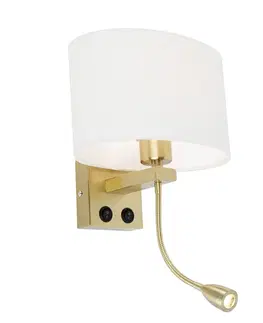 Nástenná lampa mosadz s oválnym ľanovým tienidlom bielym 25 cm - Brescia Combi