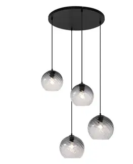 Závesné svietidlo Art Deco čierne s dymovým sklom okrúhle 4-svetlá - Bao
