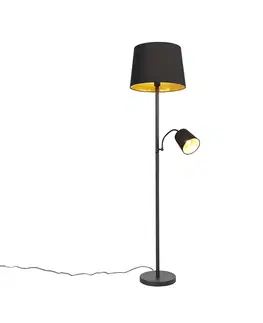 Klasická stojaca lampa čierna so zlatom a lampou na čítanie - Retro