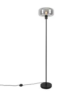 Stojaca lampa v štýle Art Deco čierna s dymovým sklom - Bizle