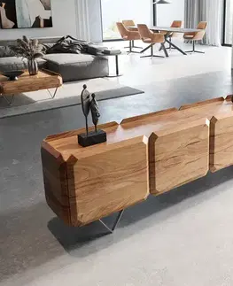 DELIFE TV stolík Kiano 220 cm akácia prírodná 4 dvierka podstava v tvare V nerezová oceľ deliaci priestor