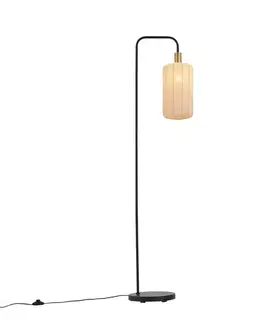 Japandi stojacia lampa čierna so zlatým a béžovým tienidlom - Pluni