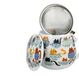 Porcelánový sudový hrnček so sitkom a krytom Mačky v šálkach 430 ml