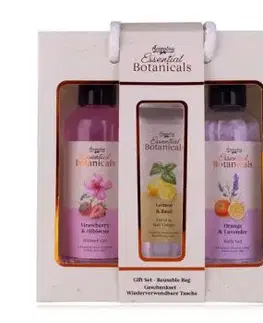 Set kúpeľový ESSENTIAL BOTANICALS v opakovane použiteľnej darčekovej taške, sprchový gél 200ml (vôňa: jahoda a ibištek), soľ kúpeľová 230g (vôňa: pomaranč a levanduľa), Krém na ruky a nechty 60ml (vôňa: citrón a bazalka)