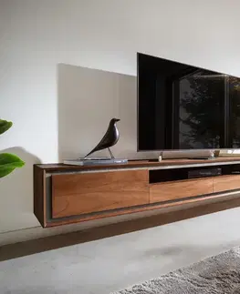 DELIFE TV stolík Stonegrace 240 cm akácia hnedá 2 dvierka 2 zásuvky 1 priehradka kamenná dyha závesný