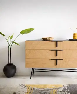 DELIFE Komoda Mikkusu 140 cm bambus prírodná mango čierna 6 zásuviek kov čierna