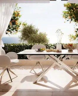 DELIFE Záhradný jedálenský stôl Edge 200×100 cm keramika Minas melange bielo-béžová krížová podstava obdĺžnik nerezová oceľ