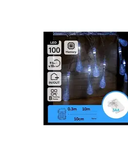  B.V.  - LED vonkajší vianočný reťaz 100xLED/8 funkcií 3xAA 10m IP44 studená biela kvapky B10303K5C