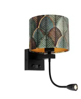 Nástenná lampa čierna s zamatovým tienidlom s dizajnom listu a zlatým vnútorným priestorom - Brescia Combi