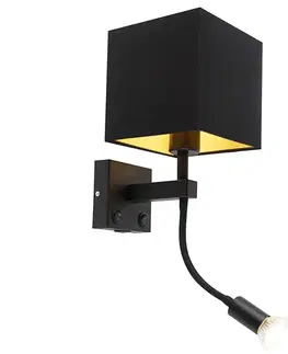 Moderná nástenná lampa čierna s USB a štvorcovým čiernym tienidlom - Zeno