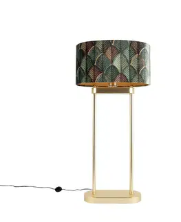Mosadzná stojaca lampa s oválnym tienidlom s motívom listov a zlatým interiérom 35 cm - Thijmen
