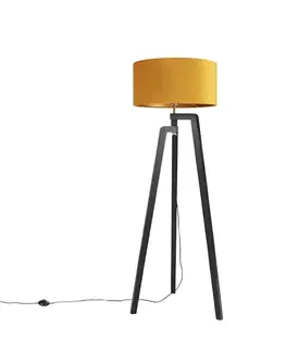 Stojaca lampa trojnožka čierna so žltým tienidlom a zlatom 50 cm - Puros