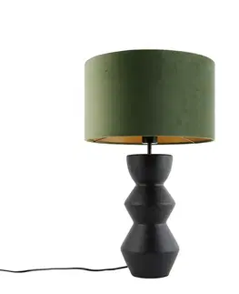 Dizajnová stolná lampa čierna s tienidlom z čierneho zamatu zelená so zlatom 35 cm - Alisia