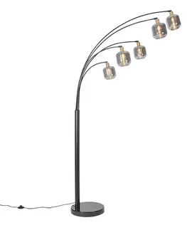 Stojaca lampa čierna so zlatom s dymovým sklom 5-svetlo - Zuzanna