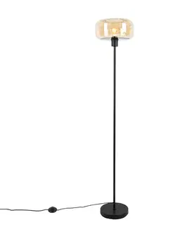 Art Deco stojaca lampa čierna s jantárovým sklom - Bizle