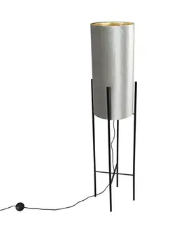 Moderná stojaca lampa čierna s plyšovým sivým tienidlom - Rich