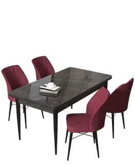 Dining Table & Chairs Set (5 Pieces) Arp - Black Marble, Burgundy
