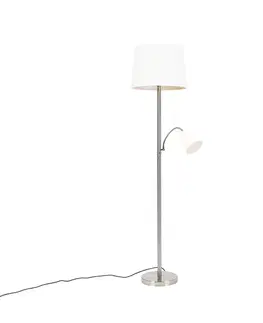Klasická stojaca lampa oceľ s bielym tienidlom a lampou na čítanie - Retro