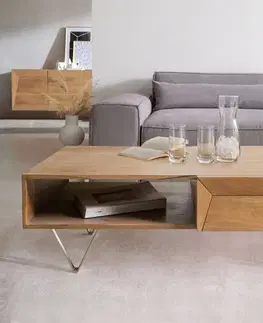 DELIFE Konferenčný stolík Kayu 115x60 cm akácia prírodná 2 zásuvky podstava v tvare V nerezová oceľ