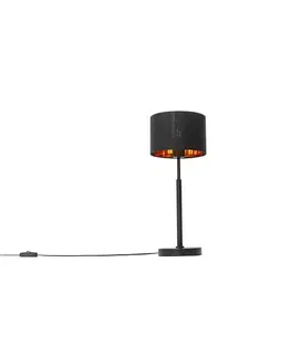 Moderná stolná lampa s textilným tienidlom čierna so zlatom - VT 1