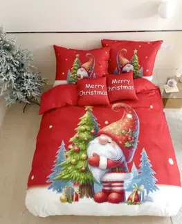 3 dielne Vianočné Flanelové obliečky 3D polycotton Červený Trpaslík 200x140cm+90x70cm TiaHome