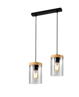 Závesná lampa Wels 2X40 čierna + drevené dymové tienidlo