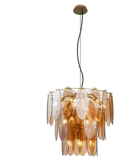 Závesná lampa Art Deco zlatá s jantárovým sklom oválna 14-svetiel - Mochan