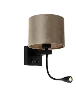Nástenná lampa čierna s hnedým zamatovým tienidlom 18 cm - Brescia Combi