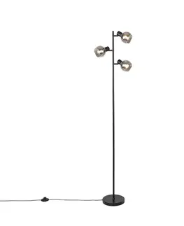 Art Deco stojaca lampa čierna 3-svetlo s dymovým sklom - Vidro