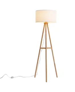 Škandinávska stojaca lampa drevená s látkovým tienidlom biela - Lou
