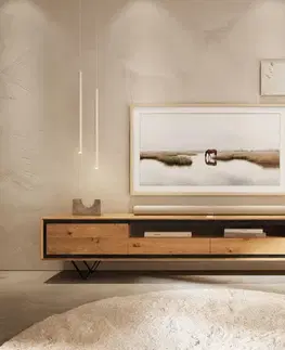 DELIFE TV stolík Stonegrace 240 cm dub prírodná 2 dvierka 1 priehradka 2 zásuvky kamenná dyha podstava v tvare V kov čierna
