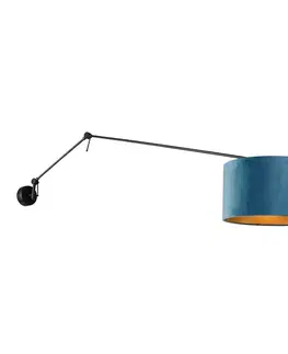 Nástenná lampa čierna s modrým zamatovým tienidlom 35 cm nastaviteľná - Blitz