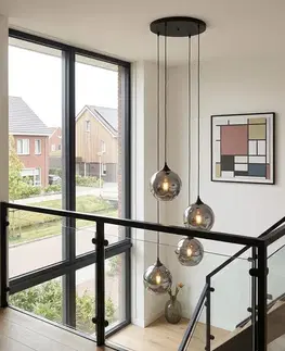 Art Deco závesná lampa čierna s dymovým sklom 4-svetlá - Wallace
