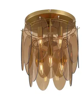 Art Deco plafondlamp goud met amber glas ovaal 6-lichts - Mochan