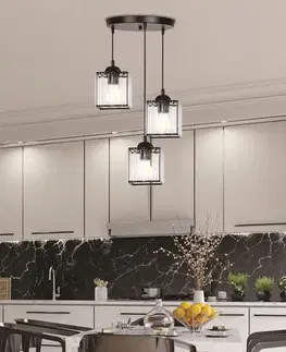 Závesná lampa Glassia, čierna, 3x40, E27, čierne tienidlo + číre kryštály
