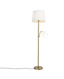 Klasická stojaca lampa bronzová látkové tienidlo biele s lampou na čítanie - Retro