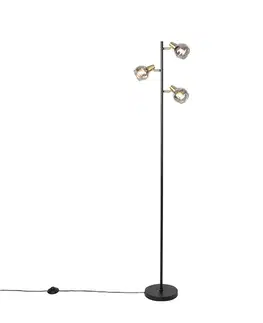 Stojaca lampa v štýle Art Deco čierna a zlatá s dymovým sklom 3-svetlo - Vidro