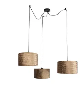 Závesná lampa čierna s tienidlom s krokodílím vzorom a zlatým interiérom 35 cm 3-svetlá - Cava