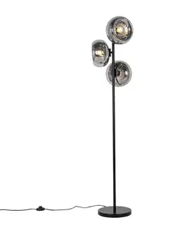 Stojaca lampa v štýle Art Deco čierna s dymovým sklom 3-svetlo - Ayesha