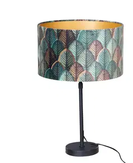 Stolová lampa čierna s plyšovým tienidlom s dizajnom listov a zlatým vnútorným priestorom - Parte