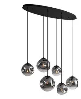 Art Deco závesná lampa čierna s oválnou stropnou doskou a dymovým sklom 6-Lights - Douglass