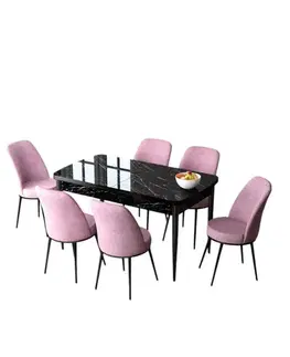 Extendable Dining Table & Chairs Set (7 Pieces) Zen - Black Marble, Pink