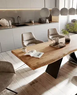 DELIFE Jedálenský stôl Edge 260x100 XL akácia prírodná podstava v tvare V plochá oceľ čierna Live-Edge