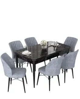 Extendable Dining Table & Chairs Set (7 Pieces) Nef - Black Marble, Grey