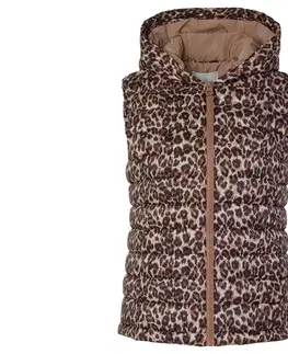 Prešívaná vesta s kapucňou, béžová s hnedo-čiernou celoplošnou leoparďou potlačou