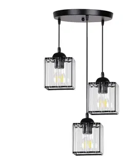 Závesná lampa Glassia, čierna, 3x40, E27, čierne tienidlo + číre kryštály